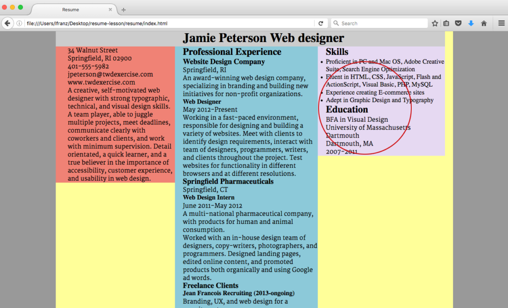 My text, set in Merriweather, could be smaller. It looks quite a bit bigger than the Times New Roman the skills list is set in. And the line-height should be looser. Type rules give you a place to start, but always look at your text and make changes as needed.